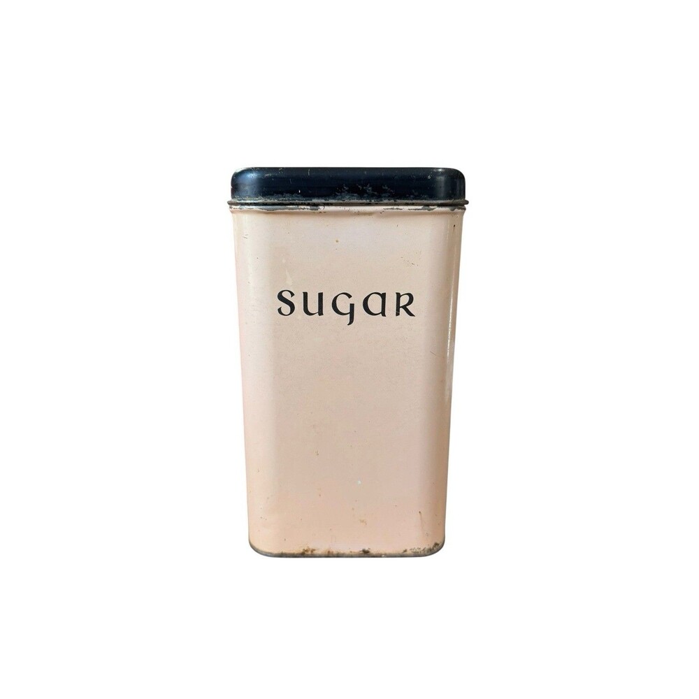 Vintage Mid Century Pink Black Lid Sugar Tin Container Canister Retro 9x6x5